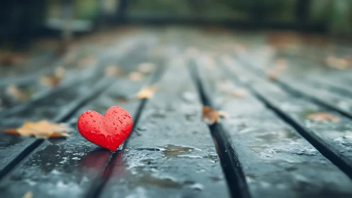 Red heart on wet boardwalk with autumn leaves.