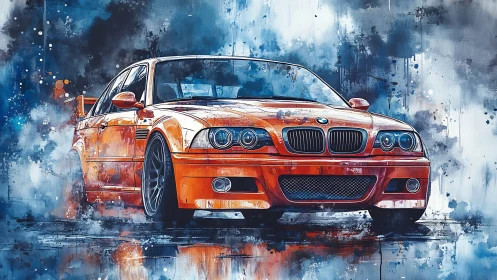 Orange BMW sports sedan in dynamic watercolor scene.