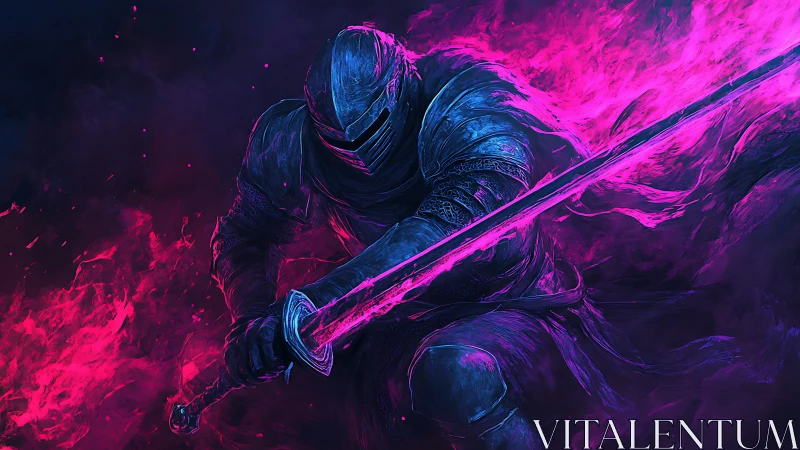 Neon armored knight wielding flaming magenta greatsword.