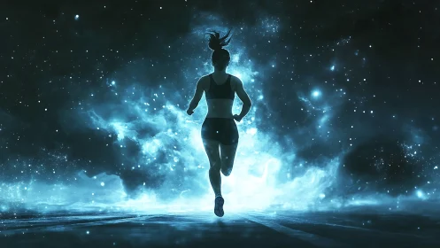 Silhouetted runner advances through luminous cosmic nebula field