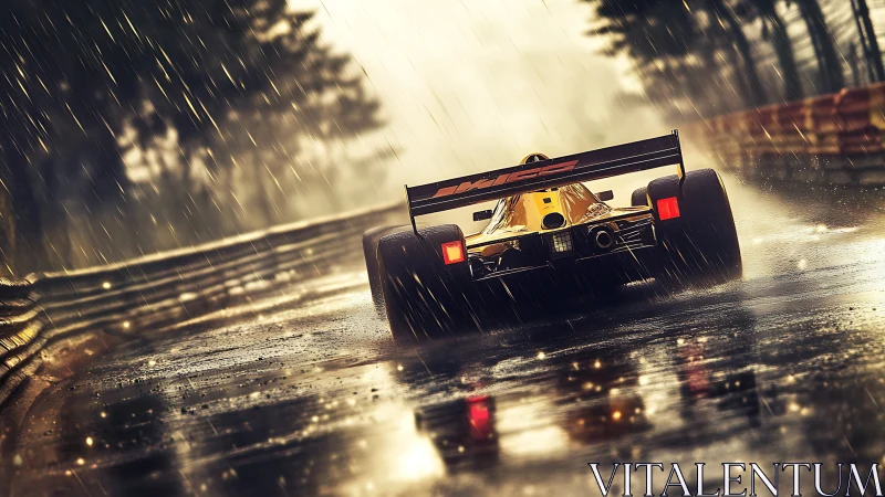 Formula race car powers through rain on glowing wet track