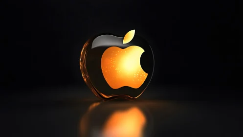 Glowing Golden Apple Logo in 3D on Dark Minimalist Background.