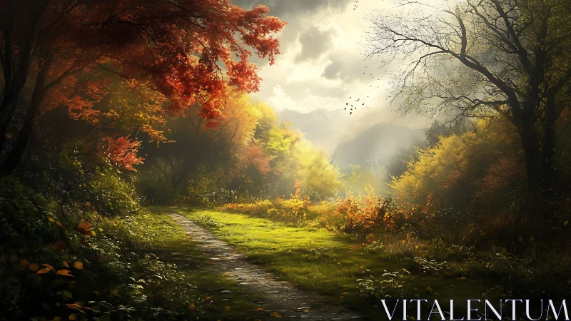Autumn Forest Path Through Golden Seasonal Landscape.