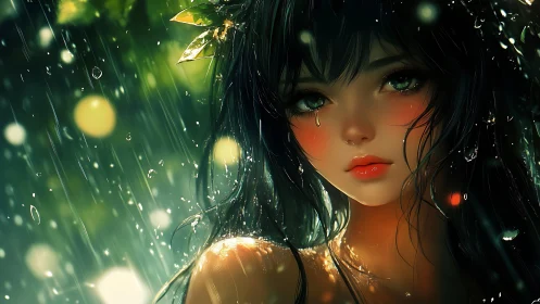 Rain-soaked bioluminescent forest nymph portrait study.