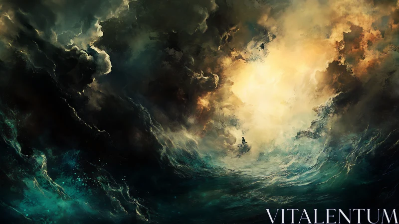 Storm-tossed seascape opens into a glowing, hopeful sky