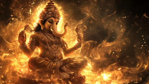 Golden elephant-headed deity sits amid swirling fire light