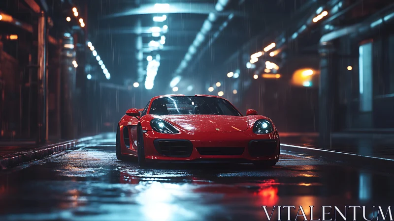 Red sports coupe under cinematic neon rain lighting.