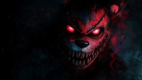 Demon-eyed nightmare bear grins through electric crimson shadows.