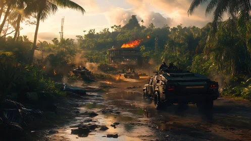 Armored convoy advances through burning jungle outpost.