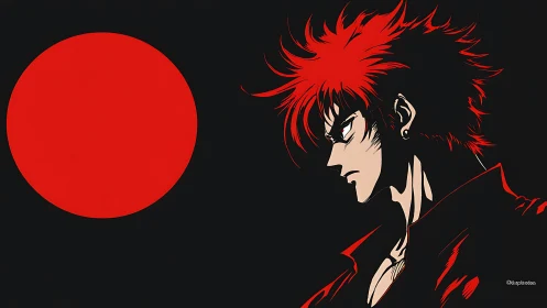 Red backlit anime profile with stark circular sun glyph