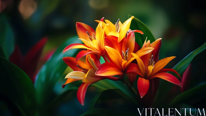Red and Yellow Lilies Blooming Against Green Foliage.