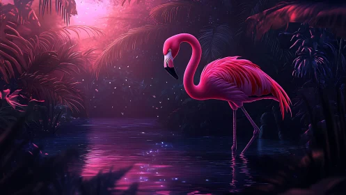 Gentle flamingo glows in a neon-kissed jungle lagoon.