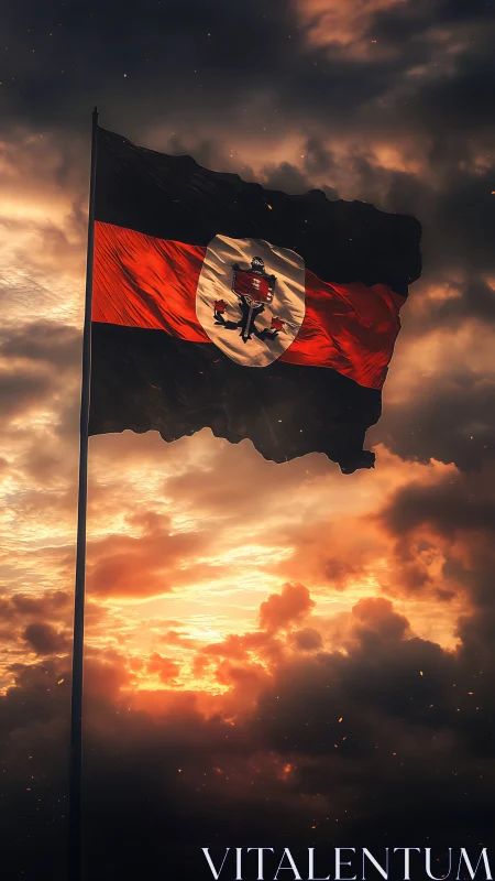 Stormlit red black flag against burning sunset sky.