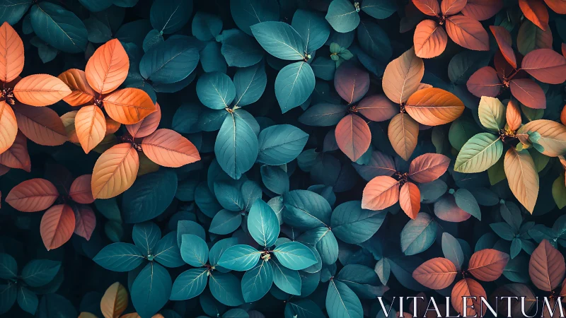 Digital foliage tapestry with teal&ndash;orange chromatic contrast.