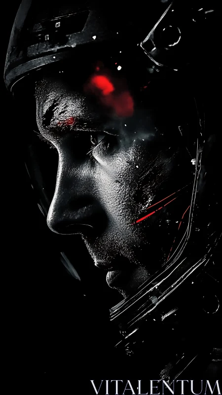 Side profile of astronaut helmet with red light accents.