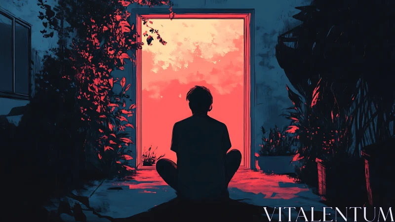 Silhouette in coral doorway contemplating vivid twilight sky.