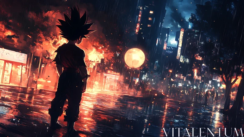 Backlit warrior in rain-soaked neon city under conflagration.