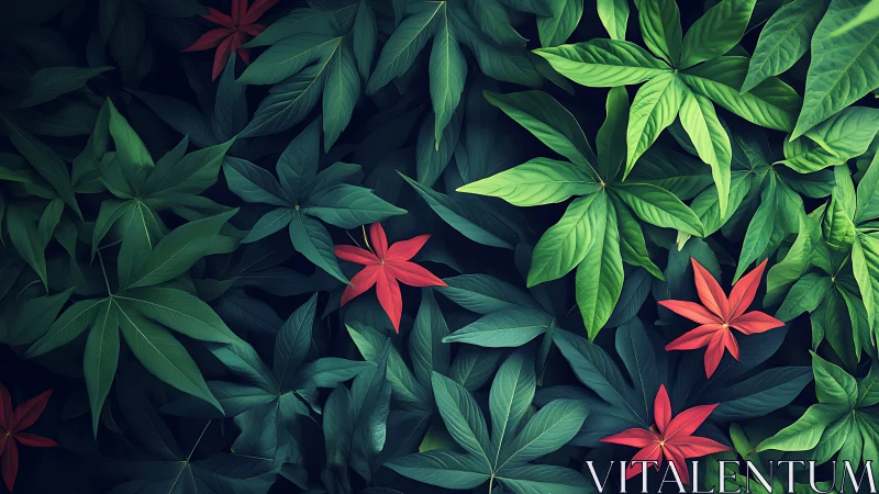 Lush green leaves with bright red blossoms tucked between them.