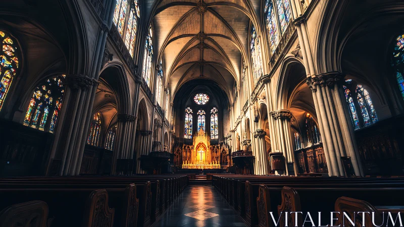 Gothic cathedral interior with glowing golden altar focus.