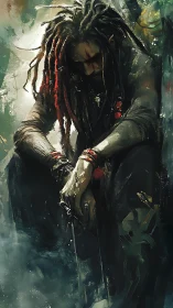 Dreadlocked figure seated in misty abstract environment.