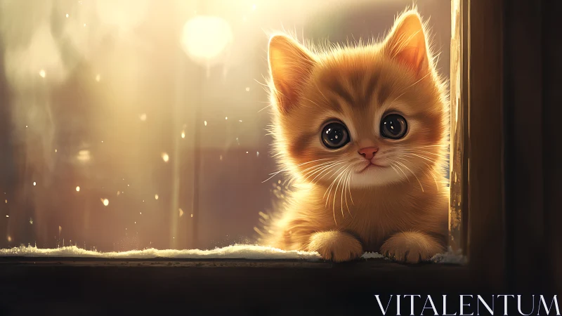 Golden kitten bathed in warm ethereal light through window.