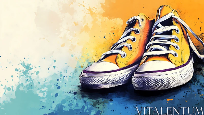 Sunny yellow sneakers on playful splattered backdrop.