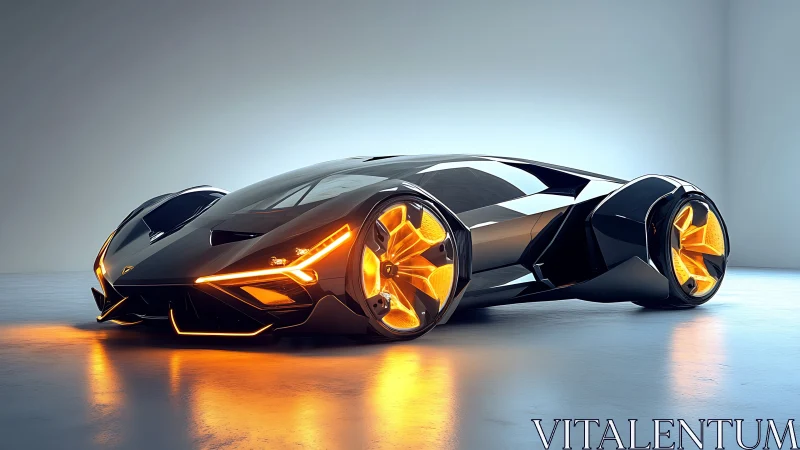 Futuristic hypercar in glassy studio with neon orange luminescence.