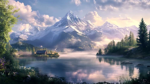 Snowy mountain lake glows at sunrise beside a quiet cabin