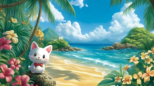 Kawaii Cat Greeting Tropical Beach Paradise