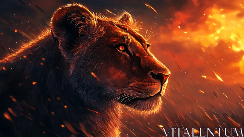Lion&rsquo;s quiet strength glowing in fiery evening light.