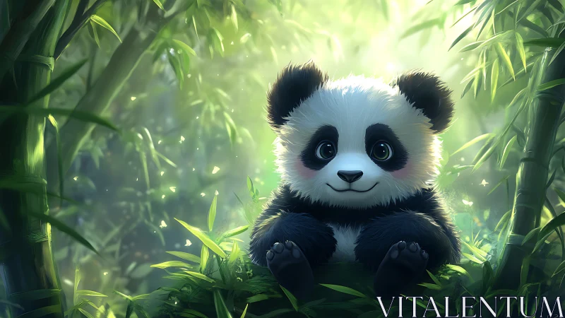 Baby panda sits in glowing bamboo forest with soft light