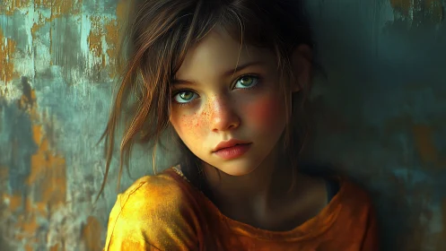 Freckled girl in orange shirt against worn teal wall.