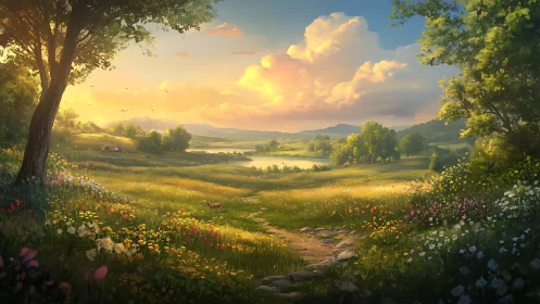 Sunlit meadow path leads toward tranquil lakeside hills.