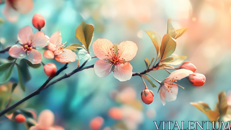 Delicate cherry blossoms blooming on branch with spring buds.