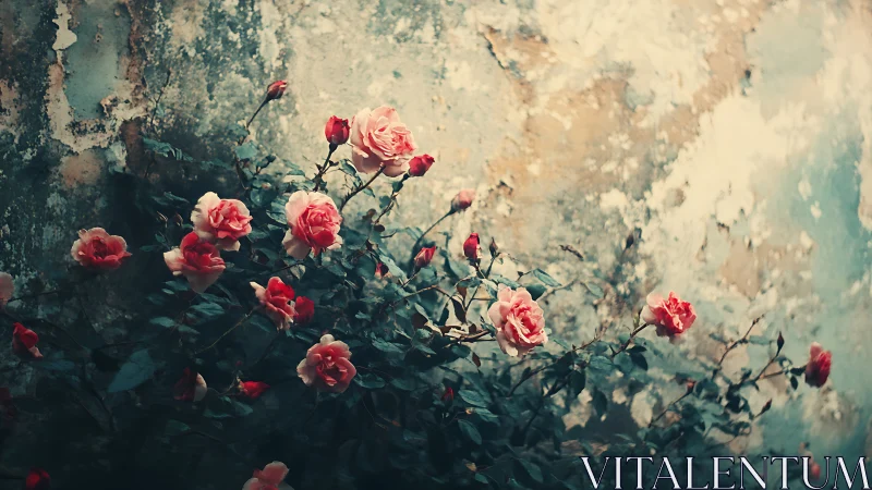 Roses Blooming Against Weathered Beauty.