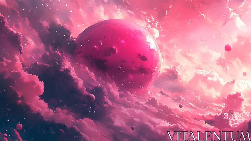 Crimson gas giant drifts through luminous pink nebula