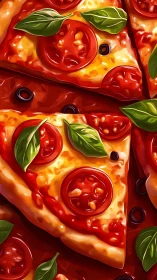 Layered pepperoni pizza geometry with basil garnish topology.