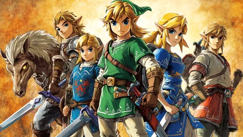 Heroic swordbearers unite in vivid fantasy ensemble art.