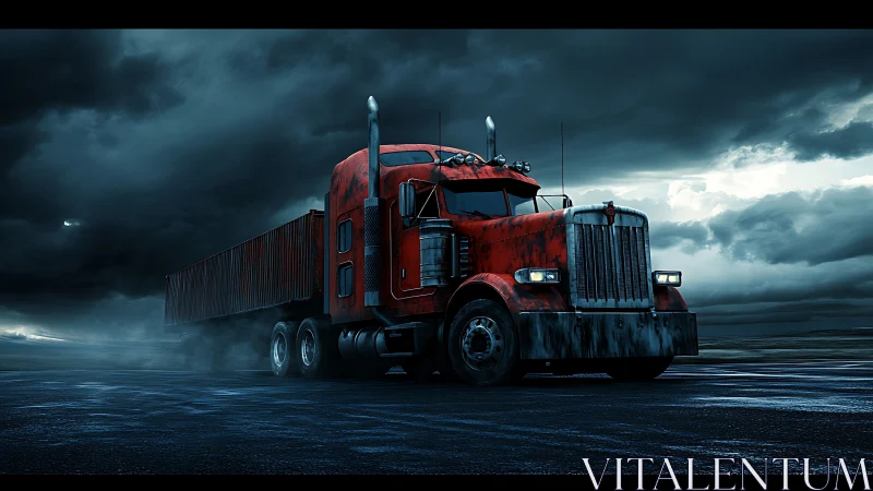 Red semi truck powers through stormy highway under clouds