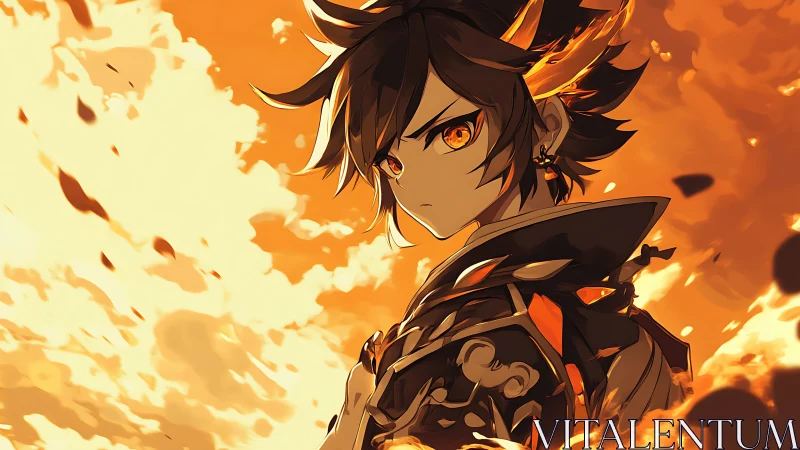 Blazing-eyed anime warrior strides through molten skyfire storm.