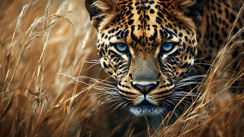 Leopard with Striking Blue Eyes Emerging Through Dry Grass