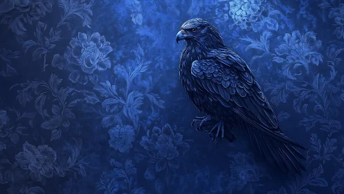 Digital painting of blue raptor against embossed floral ground.