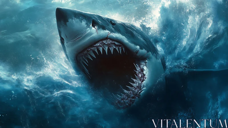 Large shark emerging from turbulent ocean surface, jaws open.