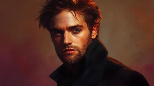 Digital painting portrait of brooding man in warm chiaroscuro.