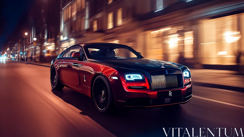 Red luxury coupe speeding through illuminated city street.