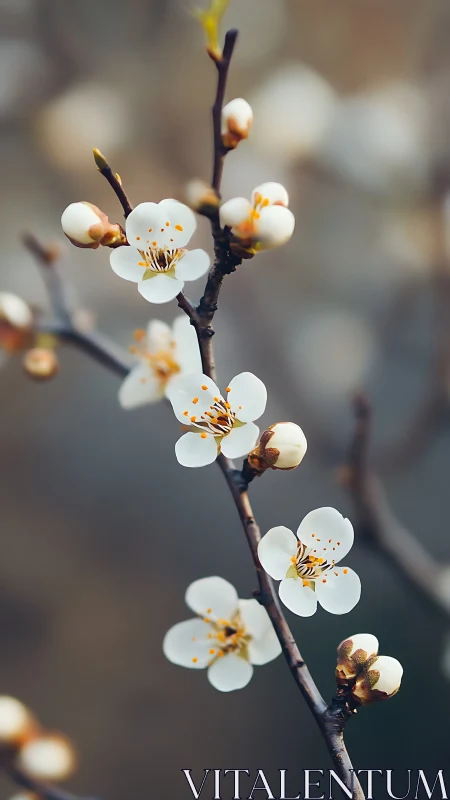 White spring blossoms with golden stamens on dark branch