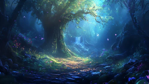 Subterranean Woodland Passage with Luminescent Vegetation.