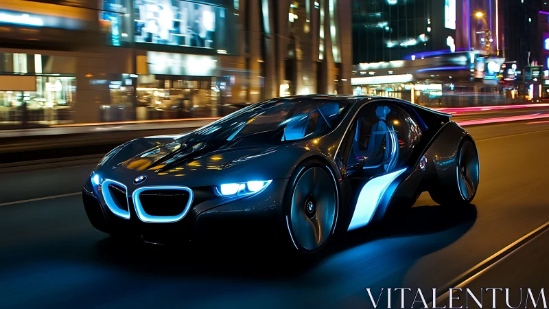 Midnight neon supercar streaking through chrome-lit cityscape.
