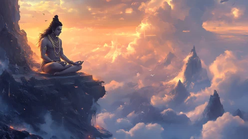 Mystic yogi meditates above glowing cloud-wreathed peaks