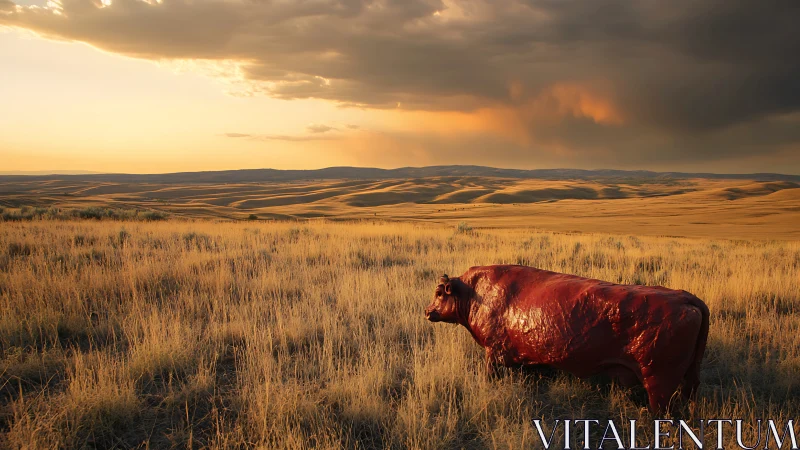 Red bull sculpture glows against dramatic prairie sunset sky